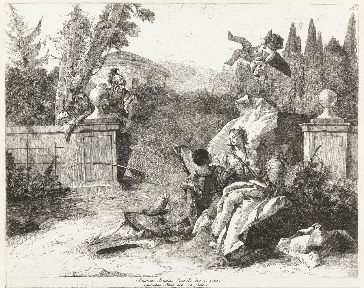 Rinaldo og Armida blir spionert av Ubaldo og Carlo av Lorenzo Baldissera Tiepolo