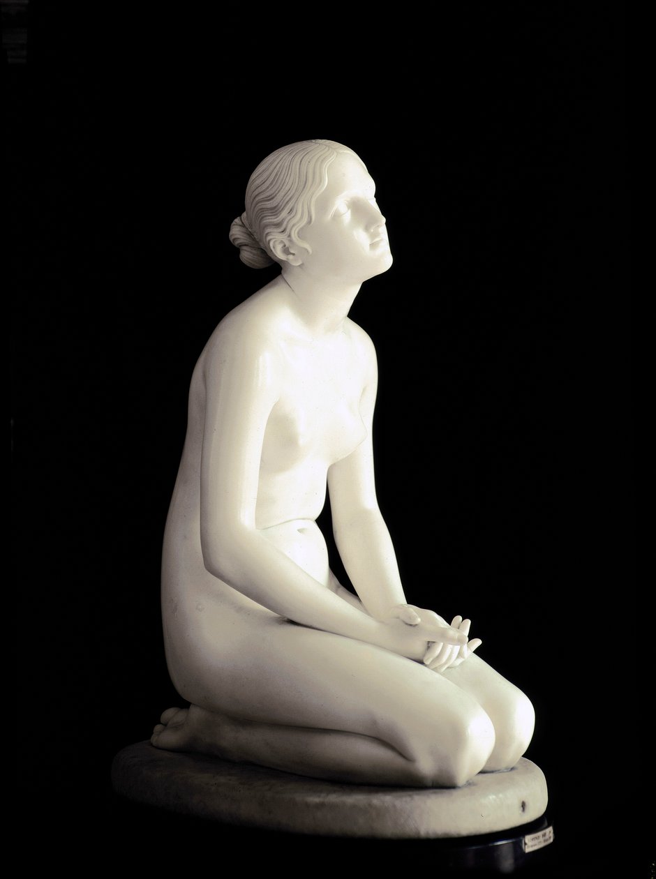 Stol på Gud Ung jente kneler blikket hennes vender mot himmelen i bønn. Marmorskulptur av Lorenzo Bartolini (1777-1850) 1835 Dim. 95 cm Milano, Museo Poldi-Pezzoli av Lorenzo Bartolini
