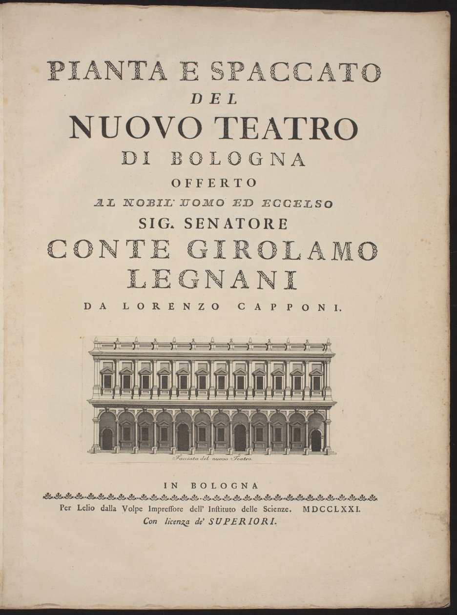 Plan og tverrsnitt av det nye teatret i Bologna av Lorenzo Capponi, after Antonio Galli Bibiena