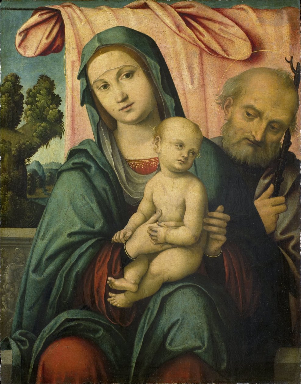 Den hellige familie av Lorenzo Costa (attributed to)