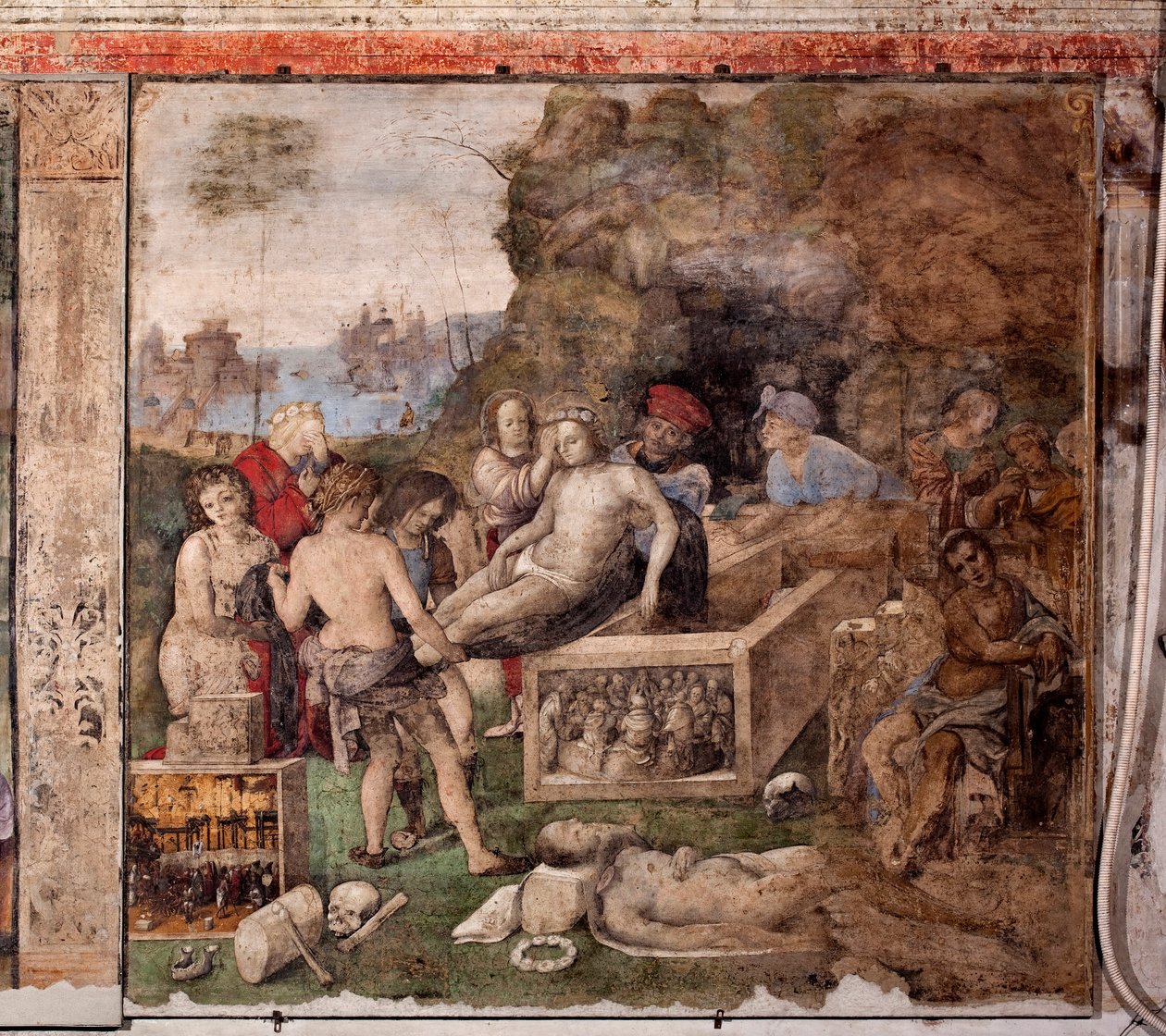St. Ceciles liv: Begravelse av St. Valerian og St. Tiburtius (fresco av Lorenzo Costa