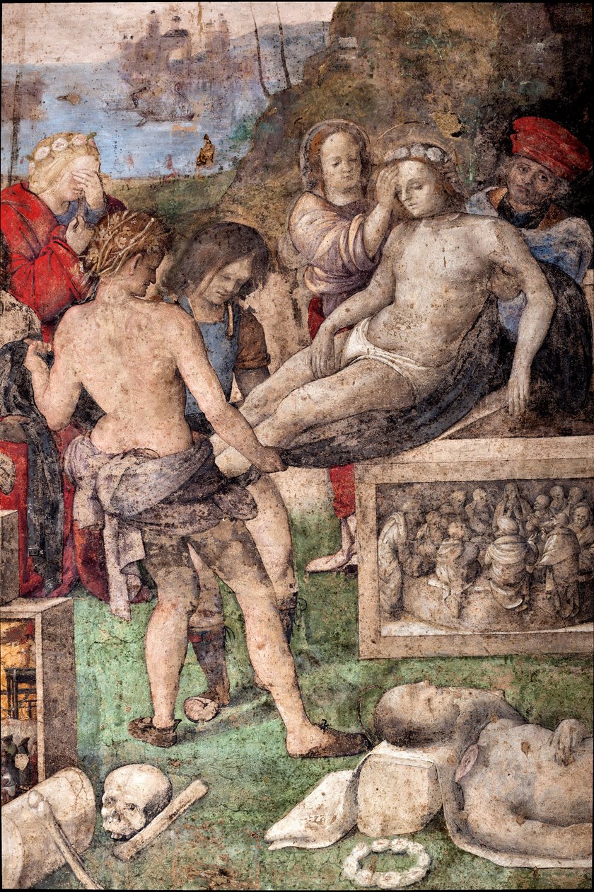 St. Ceciles liv: Begravelse av St. Valerian og St. Tiburtius, detalj (fresco av Lorenzo Costa