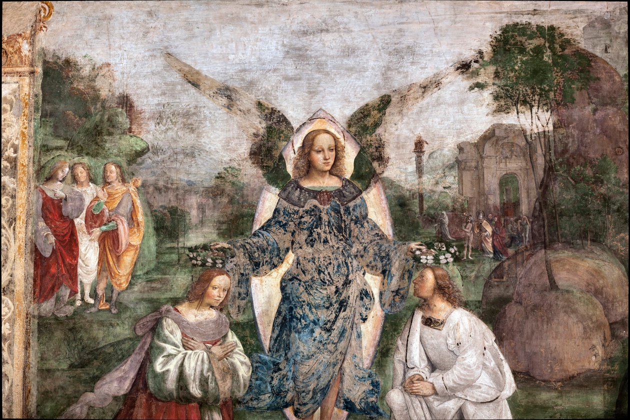 Life of St. Cecile: Valerian og Cecilia kronet av en engel, detalj (fresco av Lorenzo Costa