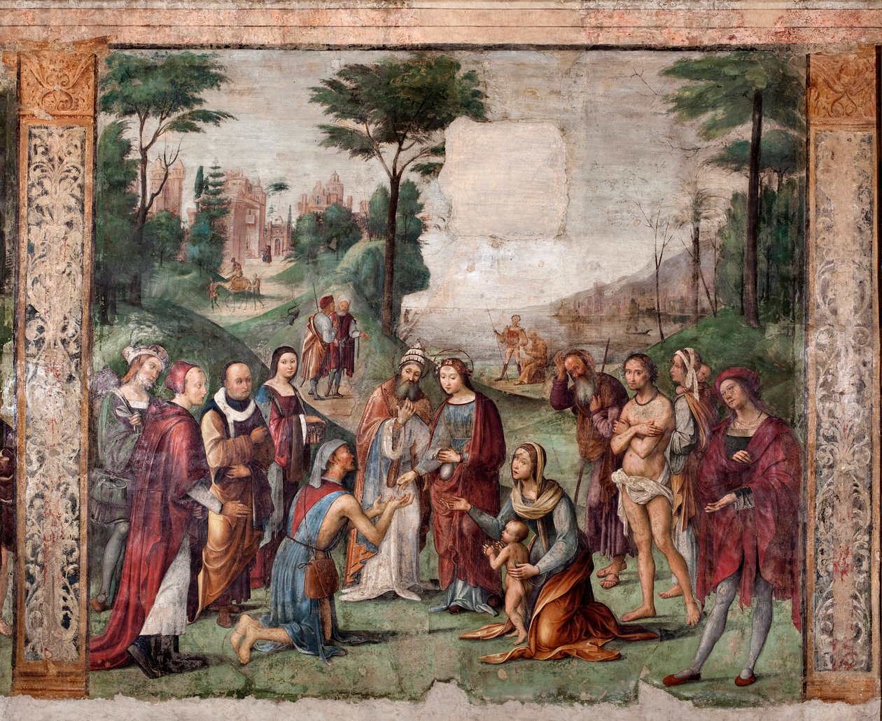 St. Cecilias liv: Den hellige gir eiendelene hennes til de fattige (fresco av Lorenzo Costa