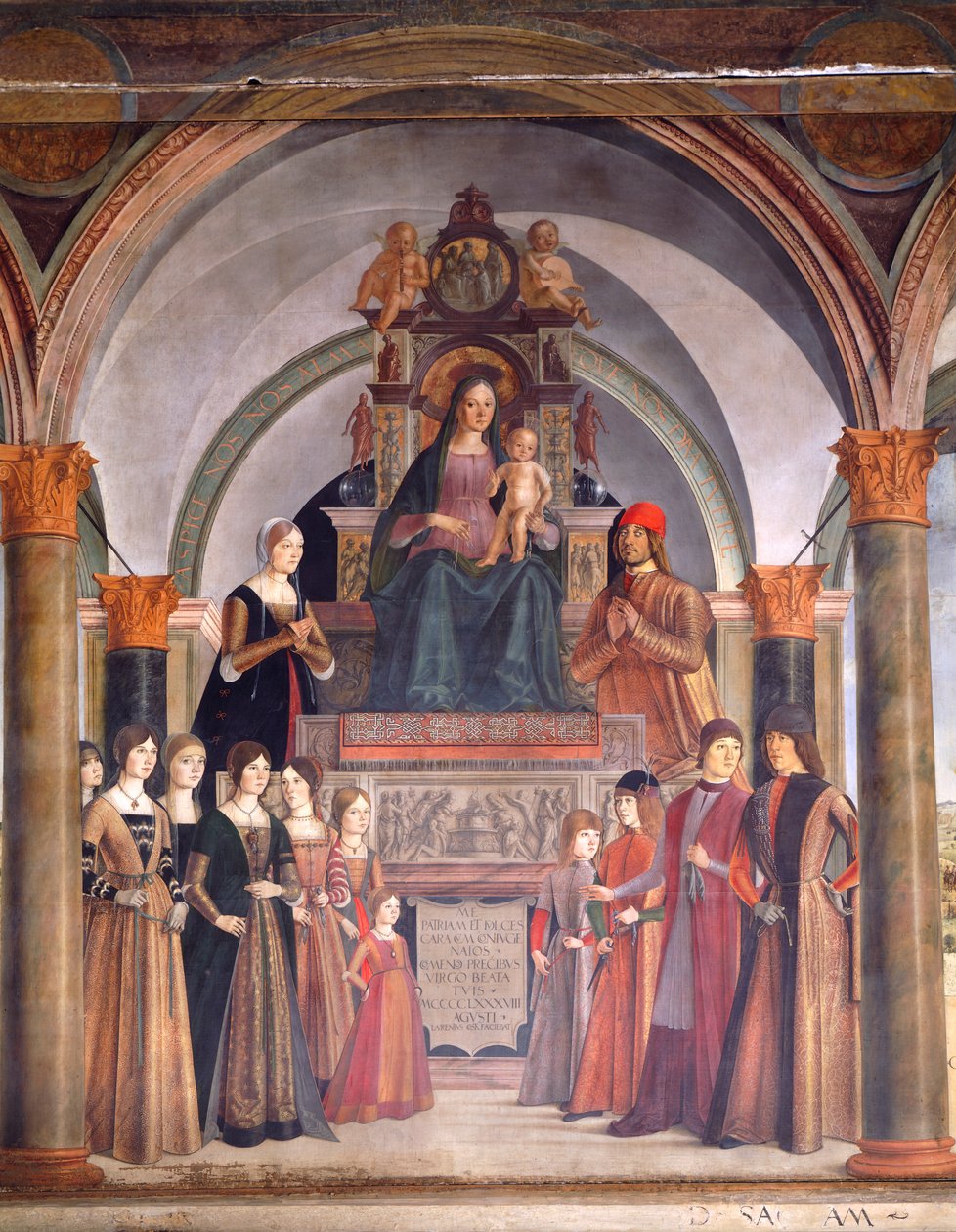 Madonna og barn med engler, av Lorenzo Costa (ca 1537-1583), Bentivoglio kapell i kirken San Giacomo Maggiore, Bologna, Italia av Lorenzo Costa