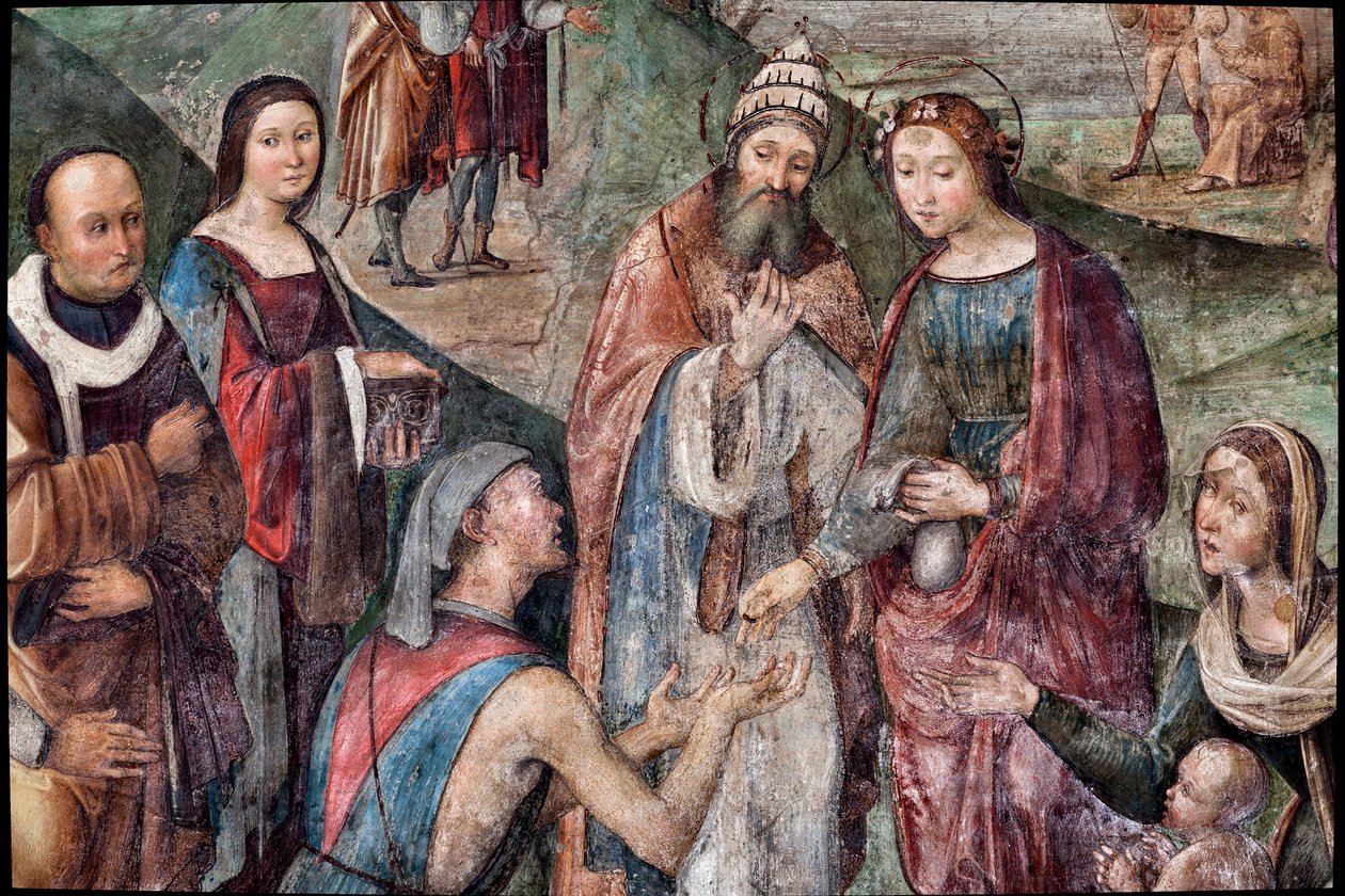 Saint Cecilia gir eiendelene sine til de fattige, detalj (fresco av Lorenzo Costa