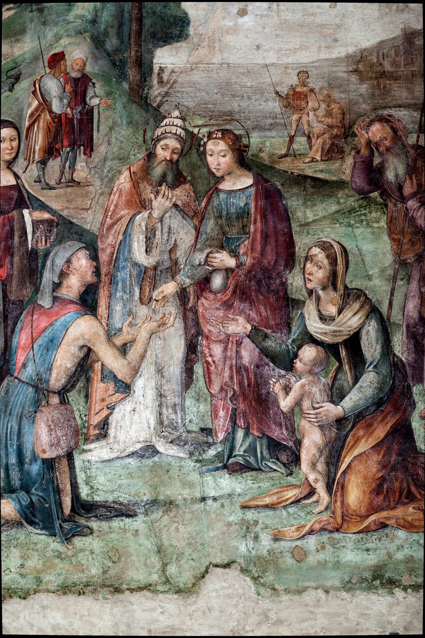 Saint Cecilia gir eiendelene sine til de fattige, detalj (fresco av Lorenzo Costa