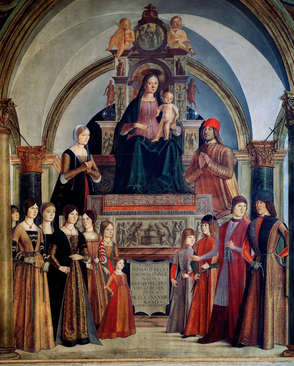 The Virgin of the Bentivoglio Virgin har barnet omgitt av medlemmer av Bentivoglio-familien. Maleri av Lorenzo Costa (1460-1535) 1488 Bologna, San Giacomo Maggiore-kirken av Lorenzo Costa
