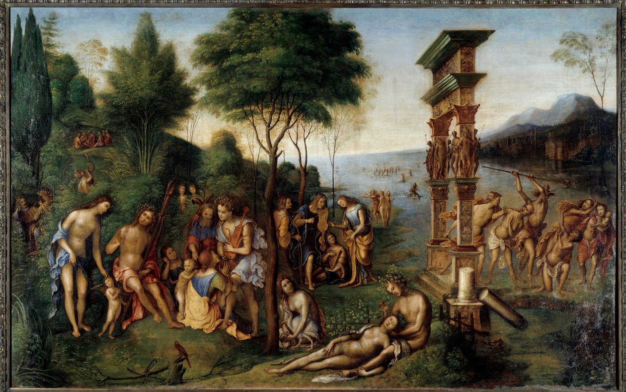 Regnen til Comus Comus, guden for gledelige fester, henter fra Philostrates "Imagines". På venstre side er de tillatte gledene atskilt fra de forbudte gledene. I forgrunnen historien om kjærligheten til Dionysos og den frygiske naiaden Nikaia. Maleri av L av Lorenzo Costa