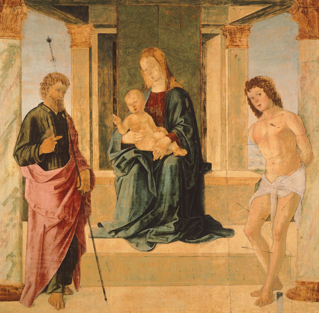 Virgin and Child Enthroned, med St James og St Sebastian (maleri) av Lorenzo Costa