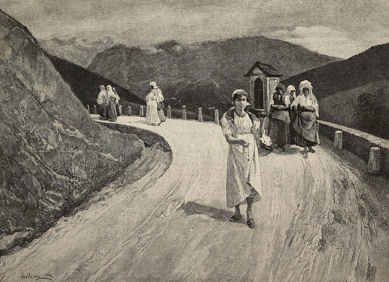 På Sacred Way, kvinnelig pilegrim som går langs stien, Brera, United Expositions, Milano, Italia, gravering av F Cantagalli fra maleri av Lorenzo Delleani (1840-1908) fra L
