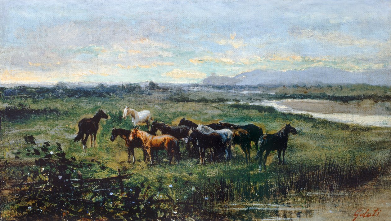 Wild Horses, ca 1870, av Lorenzo Gelati (1824-1893), olje på lerret overført på panel, 21x37 cm av Lorenzo Gelati