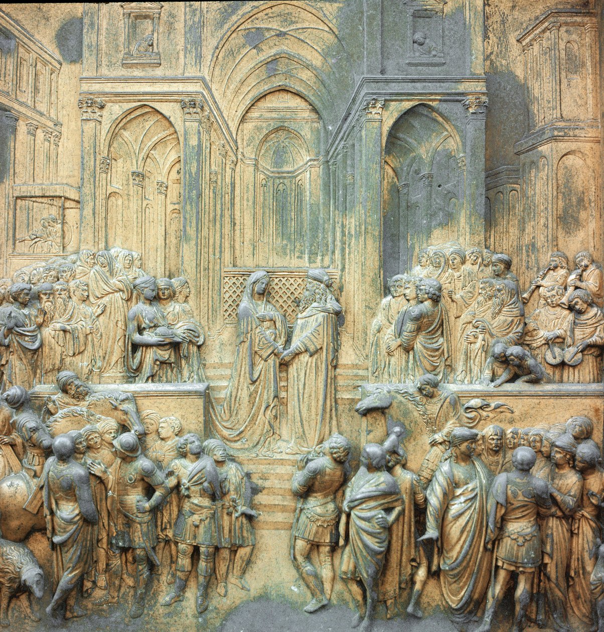 Kong Salomo tar imot dronningen av Saba ved Lavreliefstempelet til Lorenzo Ghiberti (1378-1455) 1424-1452 Firenze, Baptisteriets paradisport av Lorenzo Ghiberti