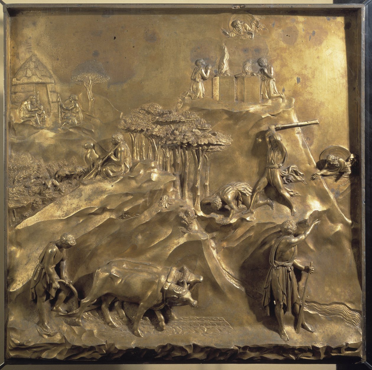 Livet til Kain og Abel: offeret, drapet på Abel og Gud som forviser Kain. Originalt panel av døren til Paradise av Lorenzo Ghiberti