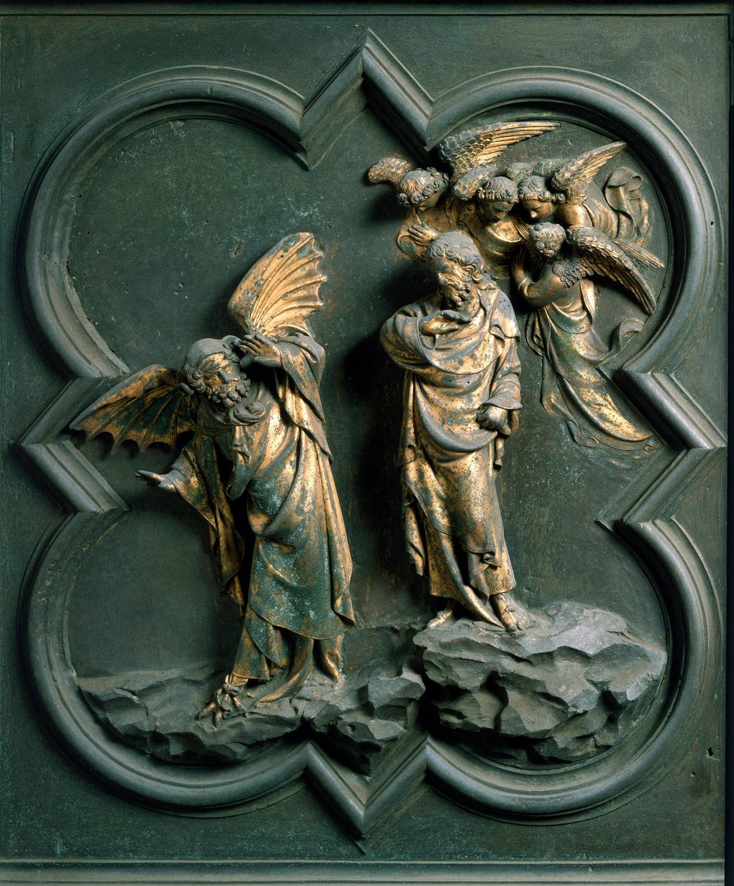 North Gate (kalt Gate of the Cross, i nord), ytre detalj: "" Kristi fristelse"" Bronseskulptur laget av Lorenzo Ghiberti (1378-1455) av Lorenzo Ghiberti