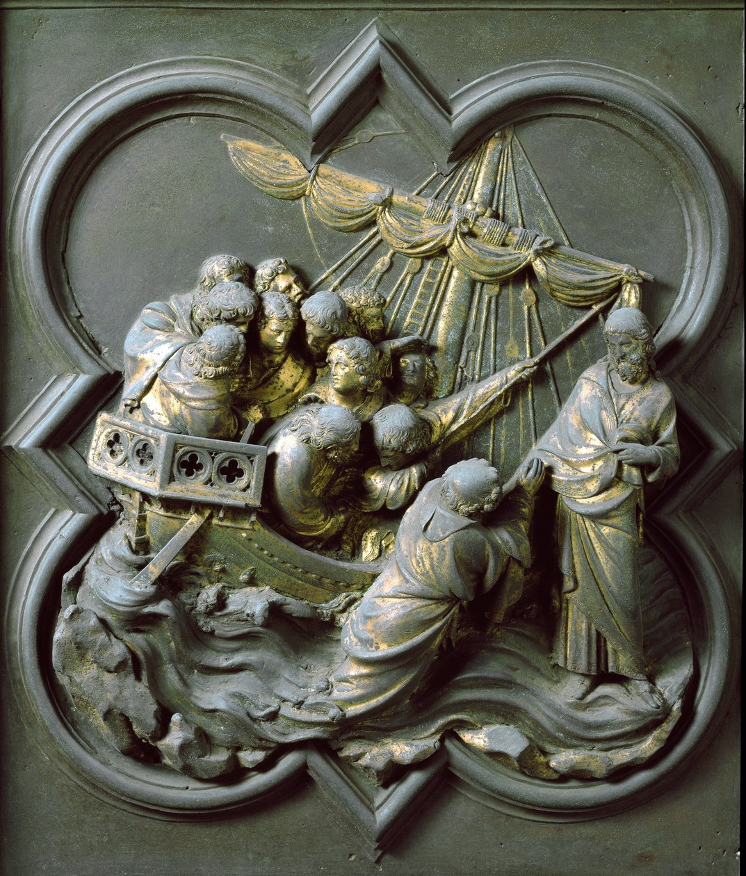 North Gate (kalt Gate of the Cross, mot nord), ytre detalj: Kristus går på vannet. Bronseskulptur laget av Lorenzo Ghiberti (1378-1455) av Lorenzo Ghiberti