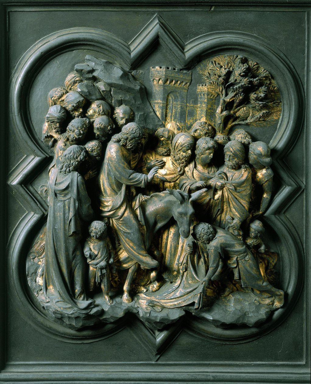 Nordport (kalt korsets port, i nord), utvendig detalj: "" inngangen til Jerusalem"" Bronseskulptur laget av Lorenzo Ghiberti (1378-1455) av Lorenzo Ghiberti