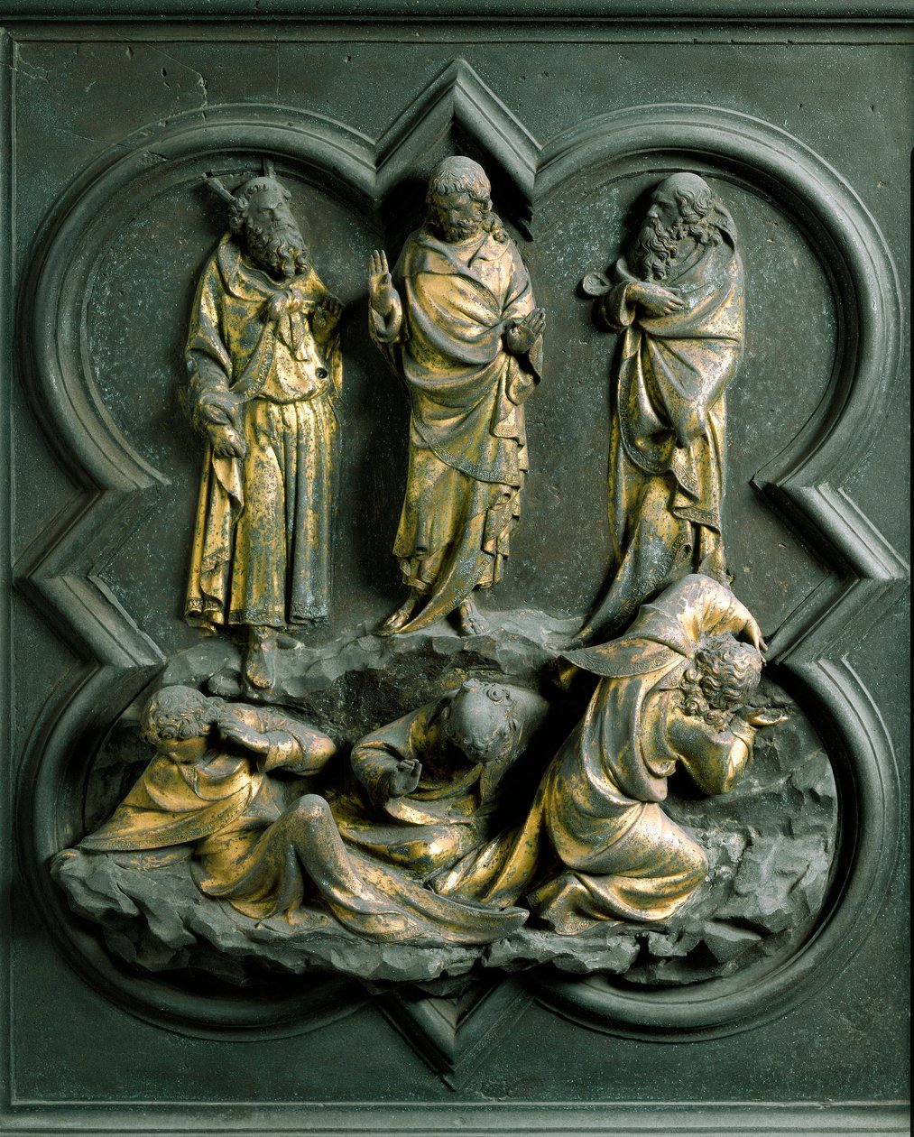 North Porte (kalt Gate of the Cross, i nord), eksteriørdetalj: "" the Transfiguration"" Bronseskulptur laget av Lorenzo Ghiberti (1378-1455) av Lorenzo Ghiberti