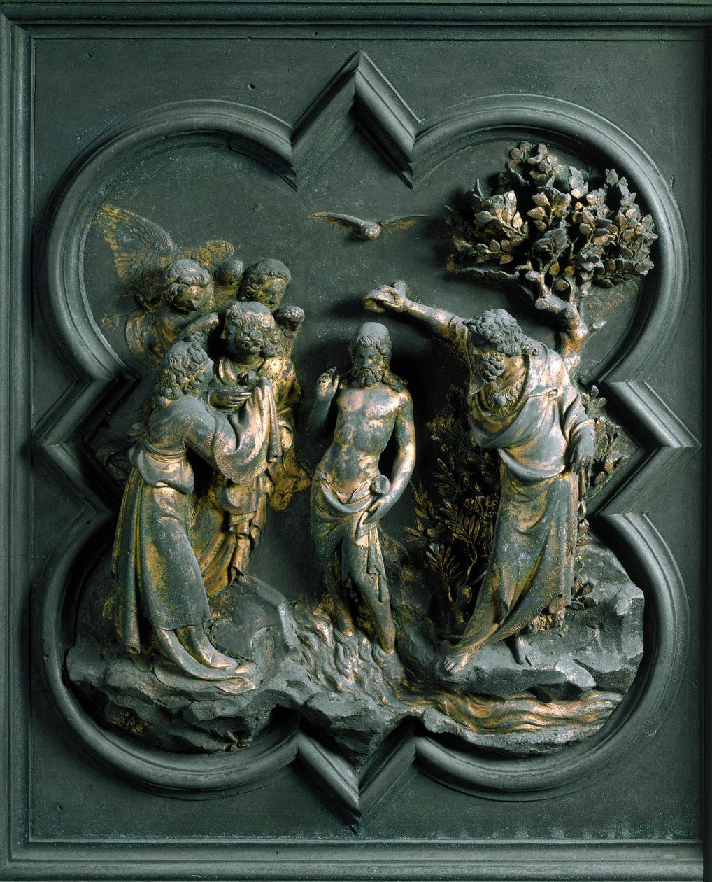 North Porte (kalt Gate of the Cross, i nord), utvendig detalj: "" Kristi dåp"" Bronseskulptur laget av Lorenzo Ghiberti (1378-1455) av Lorenzo Ghiberti
