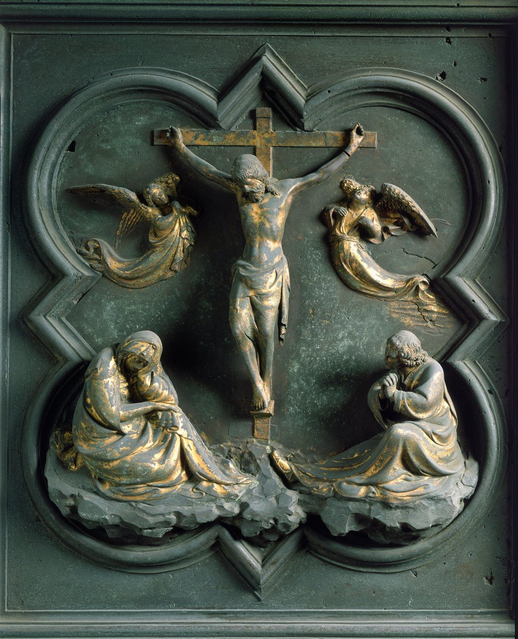 North Porte (kalt Gate of the Cross, i nord), eksteriørdetalj: "" the crucifixion"" Bronseskulptur laget av Lorenzo Ghiberti (1378-1455) av Lorenzo Ghiberti