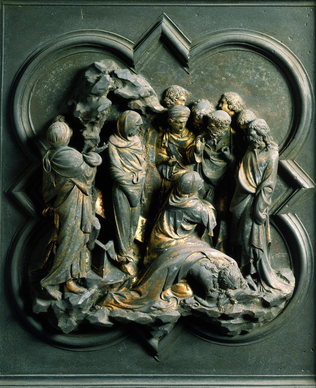 North Porte (kalt Gate of the Cross, i nord), eksteriørdetalj: "" Resurrection of Lazarus""" Bronseskulptur laget av Lorenzo Ghiberti (1378-1455) av Lorenzo Ghiberti