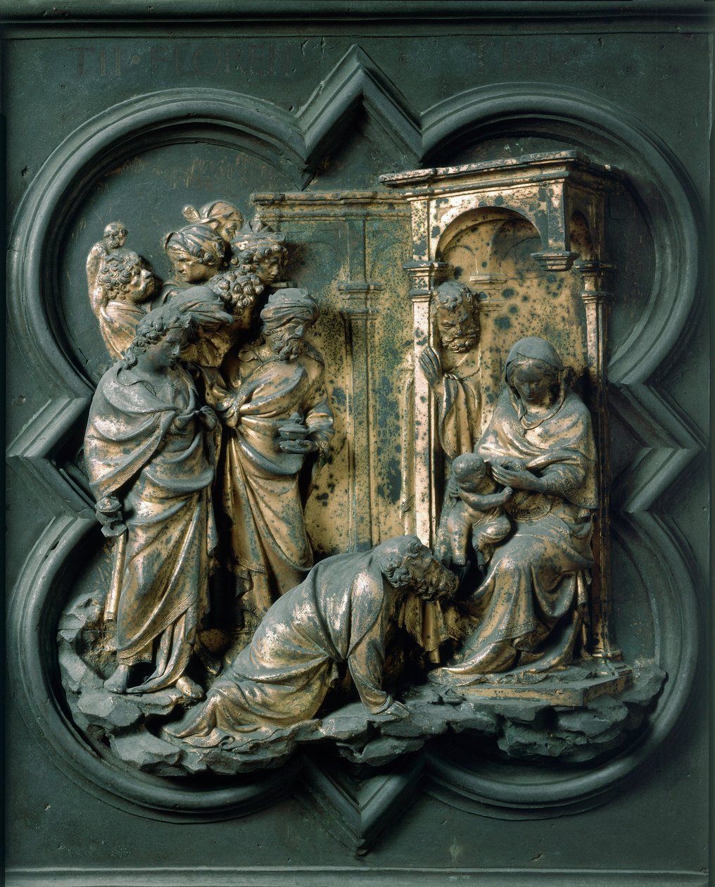 North Porte (kalt Gate of the Cross, mot nord), utvendig detalj: Adoration of the Magi. Bronseskulptur laget av Lorenzo Ghiberti (1378-1455) av Lorenzo Ghiberti
