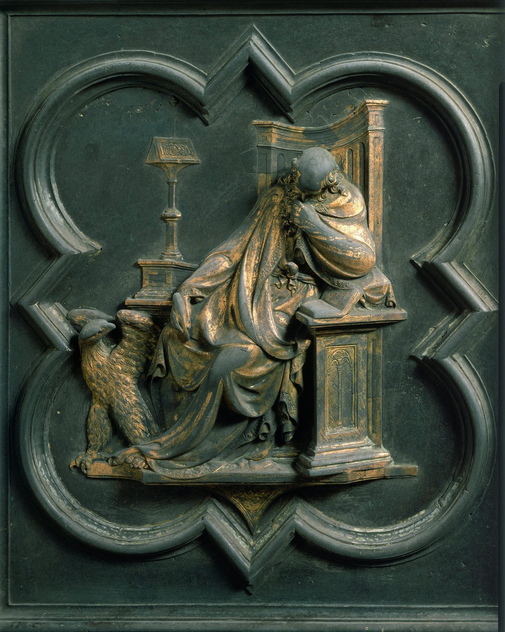 North Porte (kalt Gate of the Cross, mot nord), utvendig detalj: Saint John Evangelist. Bronseskulptur laget av Lorenzo Ghiberti (1378-1455) av Lorenzo Ghiberti