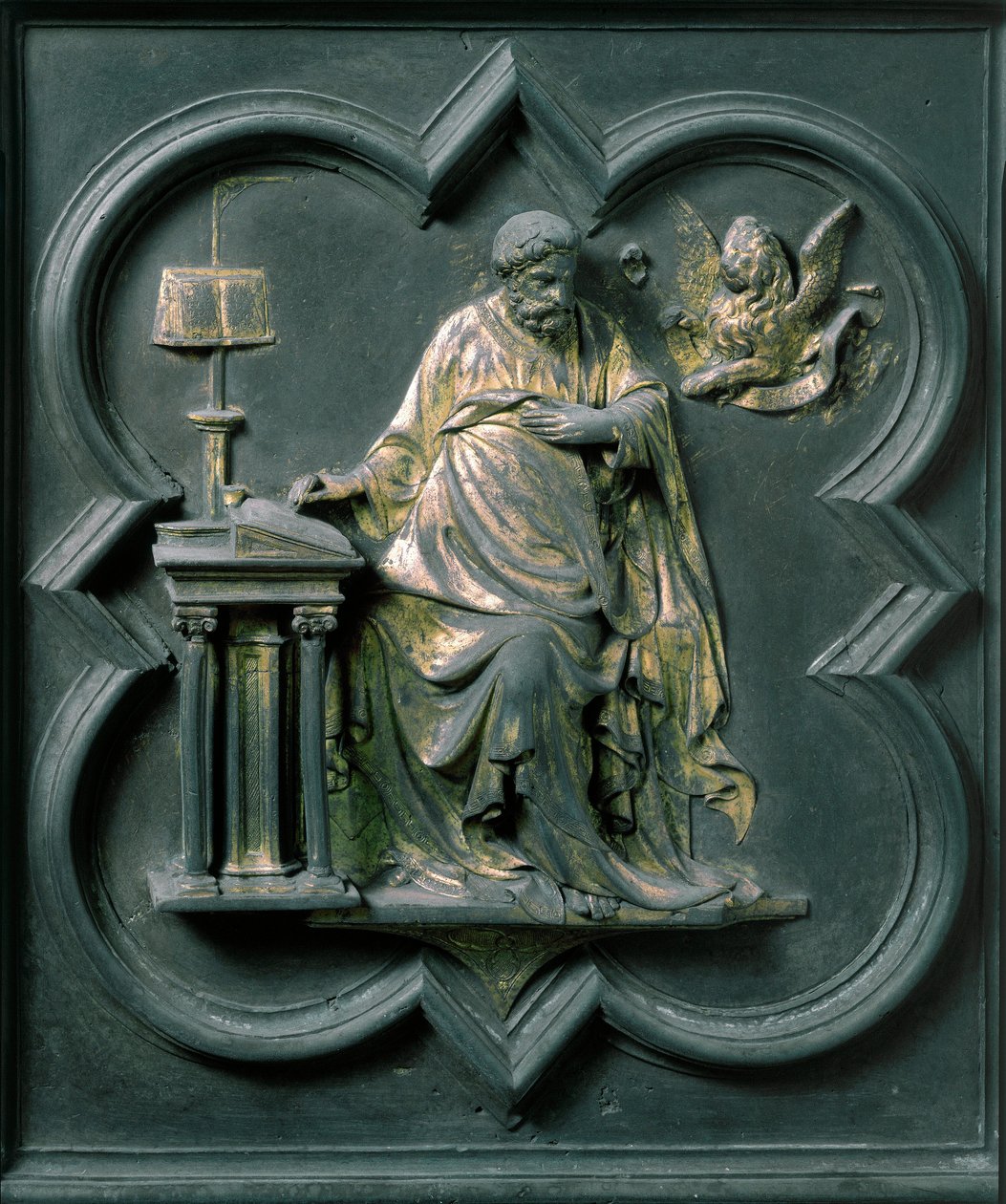 North Porte (kalt Gate of the Cross, mot nord), utvendig detalj: Saint Mark. Bronseskulptur laget av Lorenzo Ghiberti (1378-1455) av Lorenzo Ghiberti