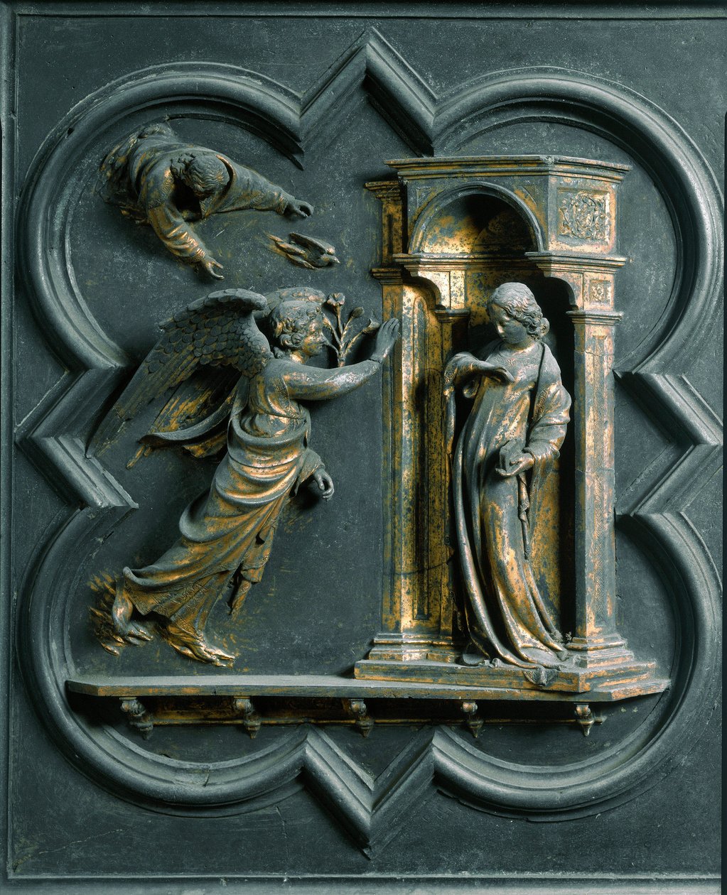 North Porte (kalt Gate of the Cross, mot nord), utvendig detalj: Bebudelsen. Bronseskulptur laget av Lorenzo Ghiberti (1378-1455) av Lorenzo Ghiberti