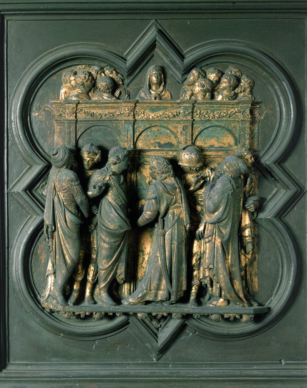 North Porte (kalt Porte de la Croix, i nord), eksteriørdetalj: "" Pentecote"" Bronseskulptur laget av Lorenzo Ghiberti (1378-1455) av Lorenzo Ghiberti