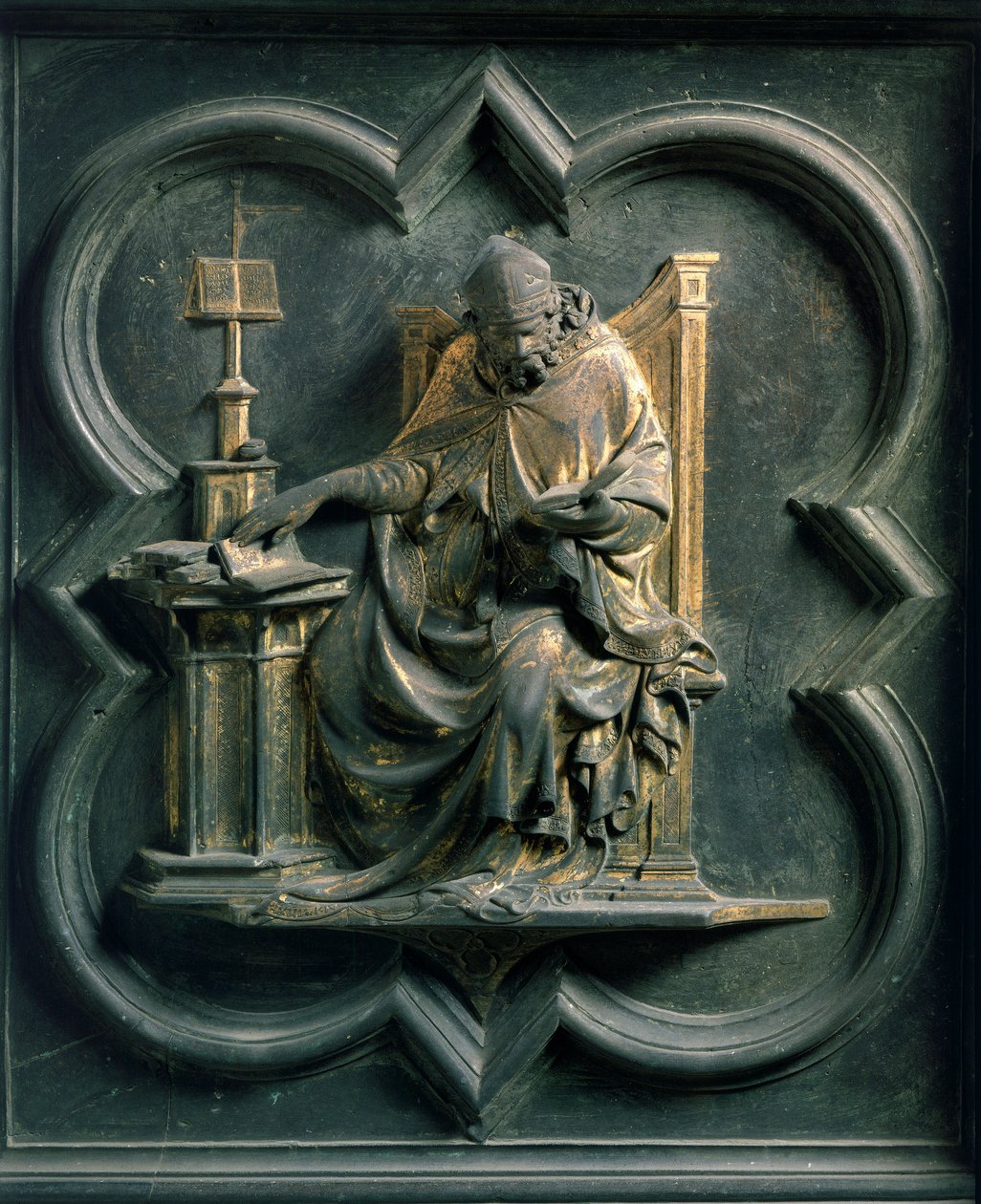 North Porte (kalt Porte de la Croix, nord), eksteriørdetalj: Saint Ambrose. Bronseskulptur laget av Lorenzo Ghiberti (1378-1455) av Lorenzo Ghiberti