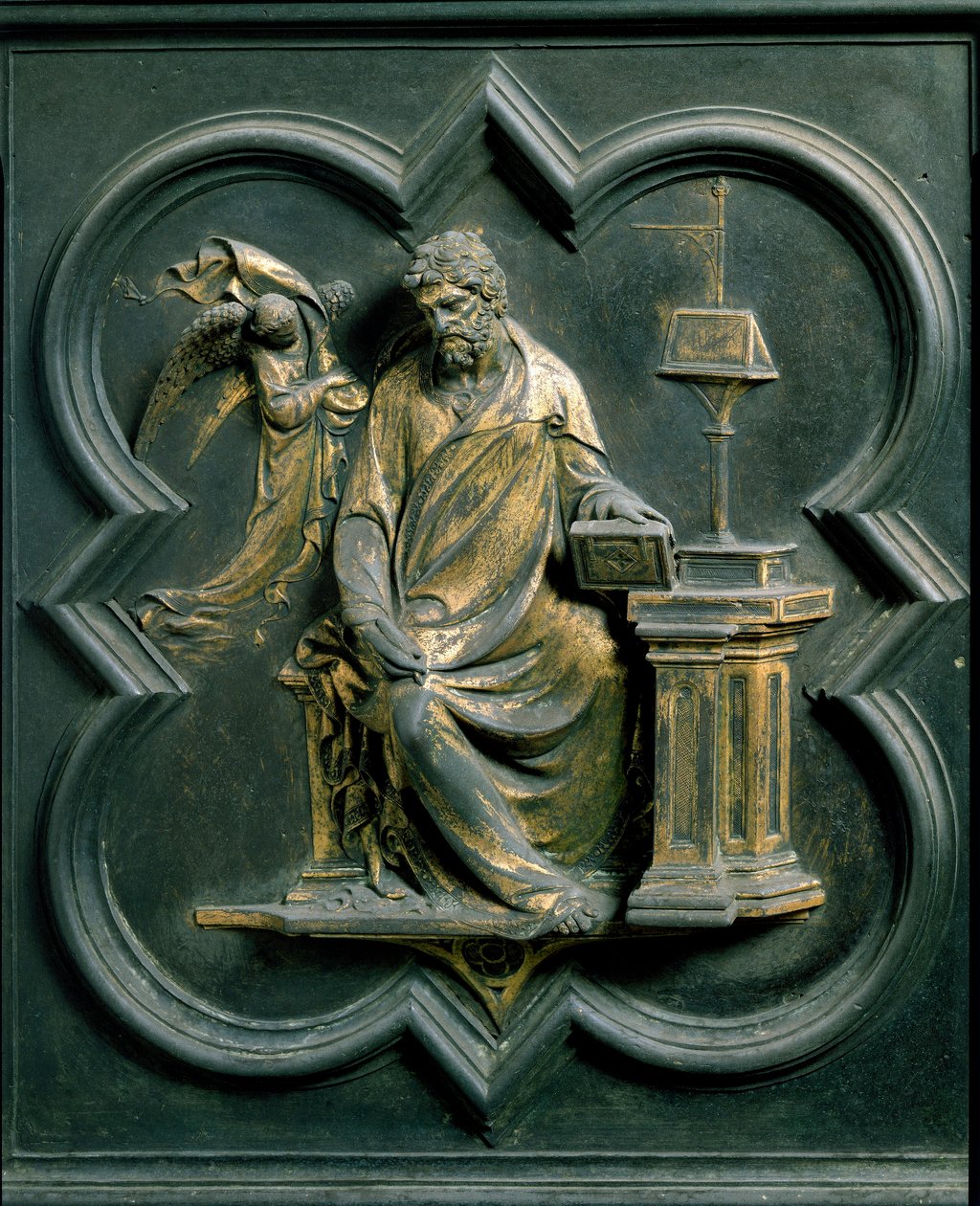 North Porte (kalt Porte de la Croix, mot nord), utvendig detalj: Saint Mathieu. Bronseskulptur laget av Lorenzo Ghiberti (1378-1455) av Lorenzo Ghiberti