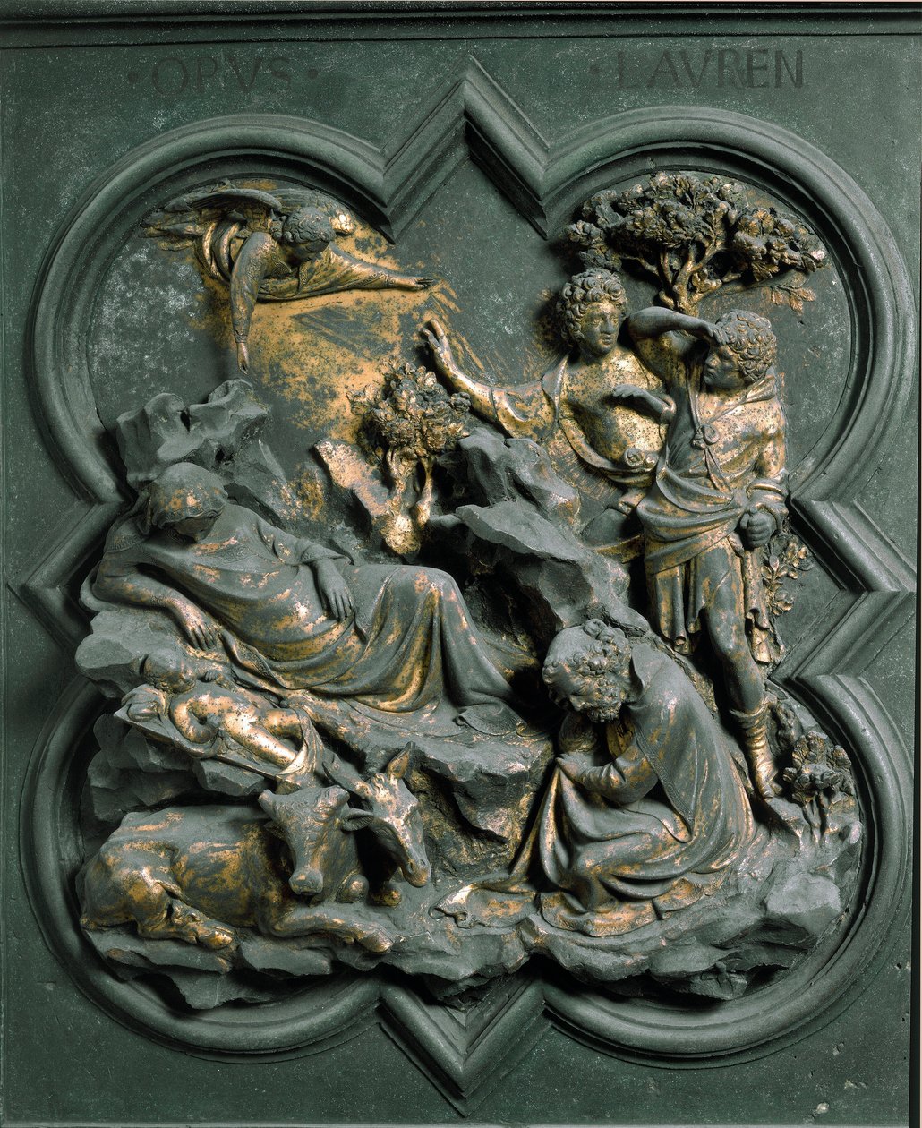 North Porte (kalt Porte de la Croix, mot nord), utvendig detalj: Nativitten. Bronseskulptur laget av Lorenzo Ghiberti (1378-1455) av Lorenzo Ghiberti