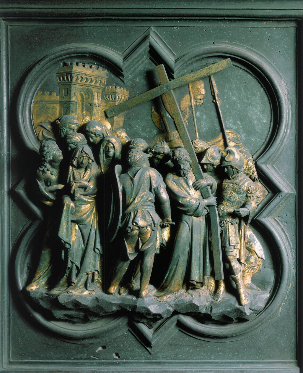 Porte Nord (kalt Porte de la Croix, i nord), eksteriørdetalj: "The Montee to Calvary"" Bronseskulptur laget av Lorenzo Ghiberti (1378-1455) av Lorenzo Ghiberti