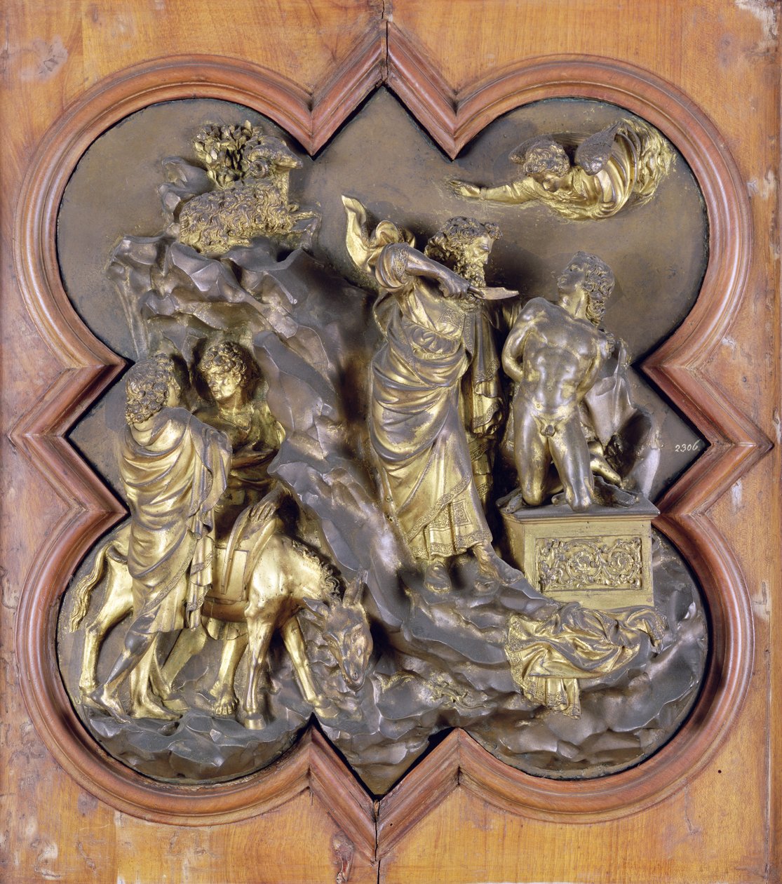 The Sacrifice of Isaac, bronsekonkurranseavlastning for dåpsdørene, Firenze, 1401 (bronse) av Lorenzo Ghiberti