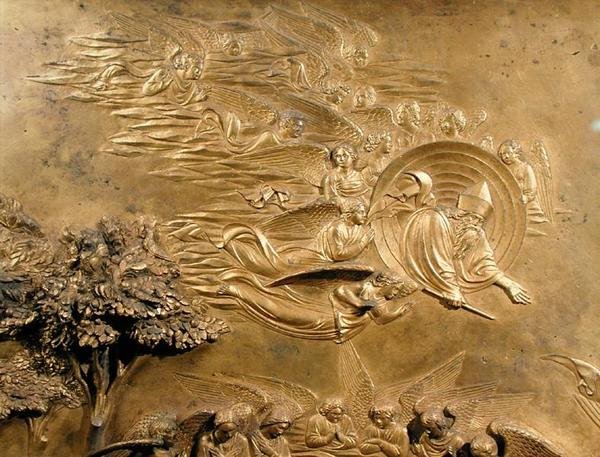 Historien om Adam, detalj om Gud Faderen med engler, fra et av de originale panelene fra dåpskapellets østdører av Lorenzo Ghiberti