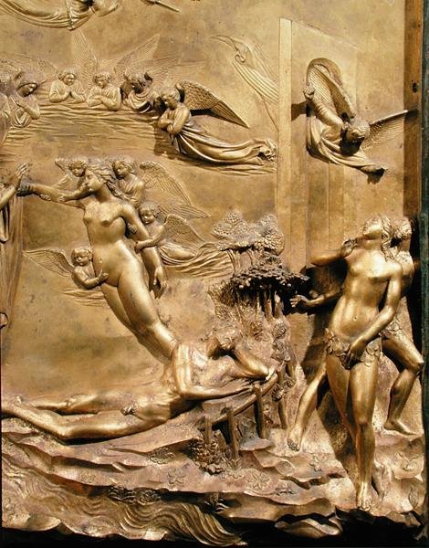 Historien om Adam, detalj om Evas skapelse og utdrivelsen, fra et av de originale panelene fra dåpskapellets østdører av Lorenzo Ghiberti