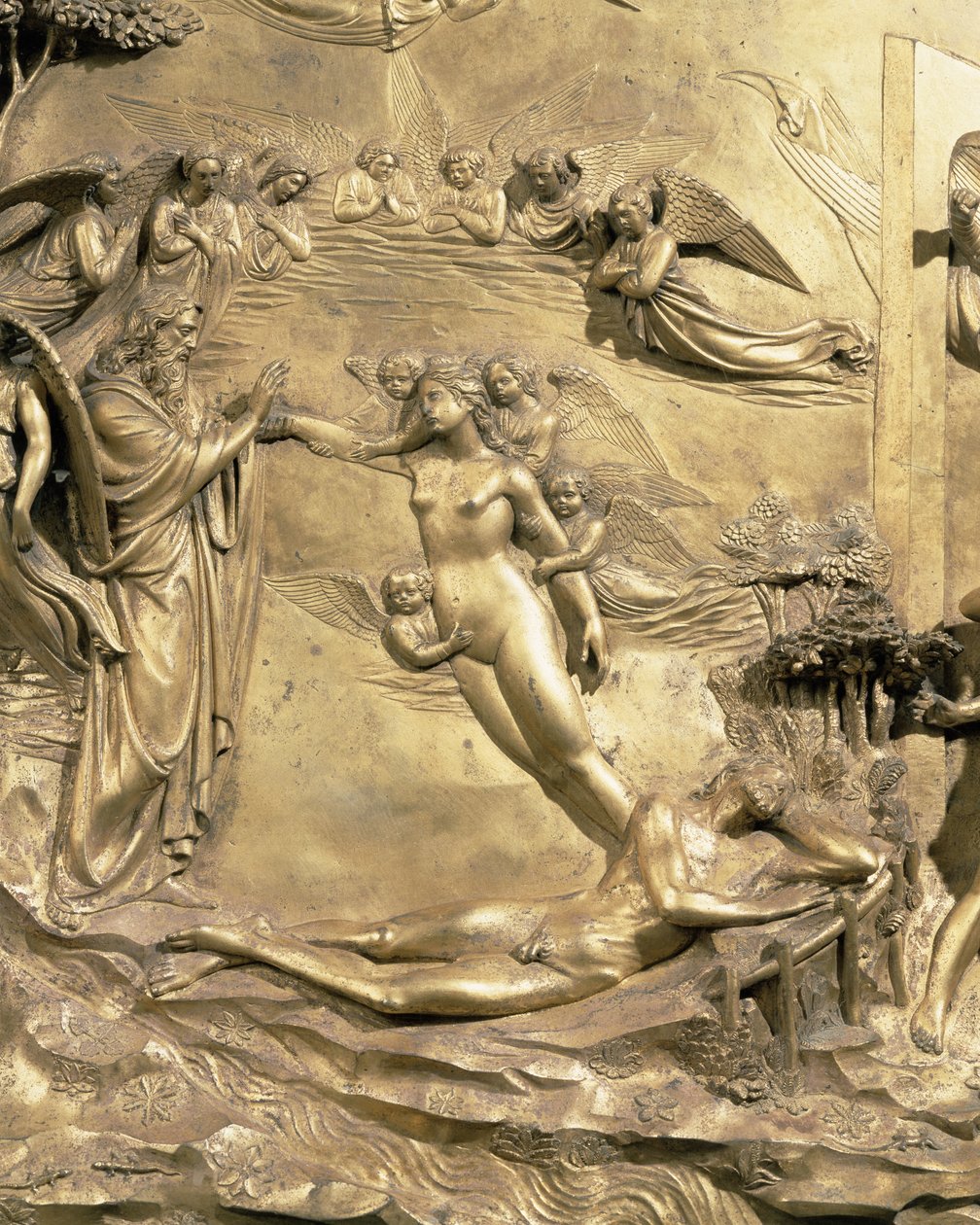 Historien om Adam, detalj av Evas skapelse, fra et av de originale panelene fra dåpskapellets østdører, restaurering av forgylt bronsepost fra 1425-52 av Lorenzo Ghiberti