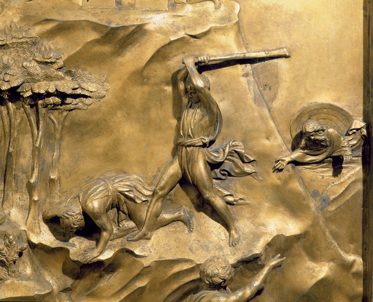 Historien om Kain og Abel, detalj om drapet på Abel, originalt panel fra østdørene til dåpskapellet, restaurering av forgylt bronsestolpe fra 1425-52 av Lorenzo Ghiberti