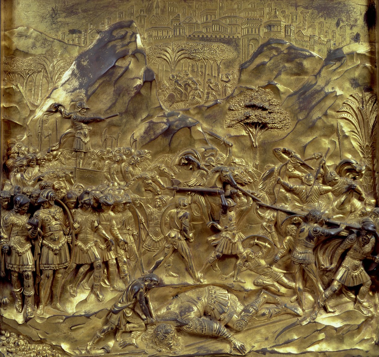 Historien om David og Goliat, en av ti relieffpaneler fra Gates of Paradise (østdører), 1425-52 (forgylt bronse) (se også 87652-59 og 87661-67) av Lorenzo Ghiberti