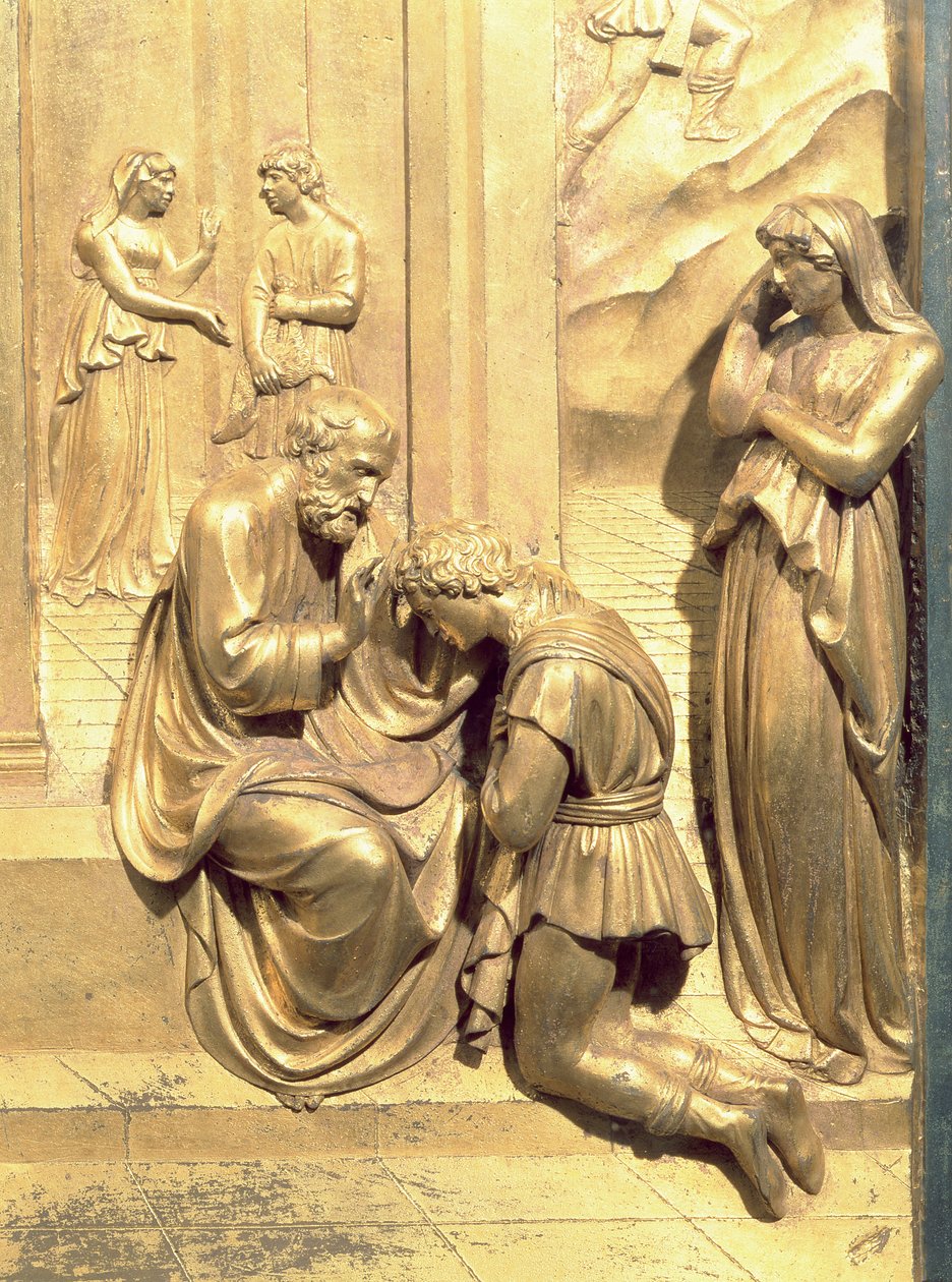 The Story of Jacob and Esau, detalj av Isaac Blessing Jacob, fra det originale panelet fra East Doors of the Baptistery, 1425-52 restaurering av forgylt bronsestolpe av Lorenzo Ghiberti