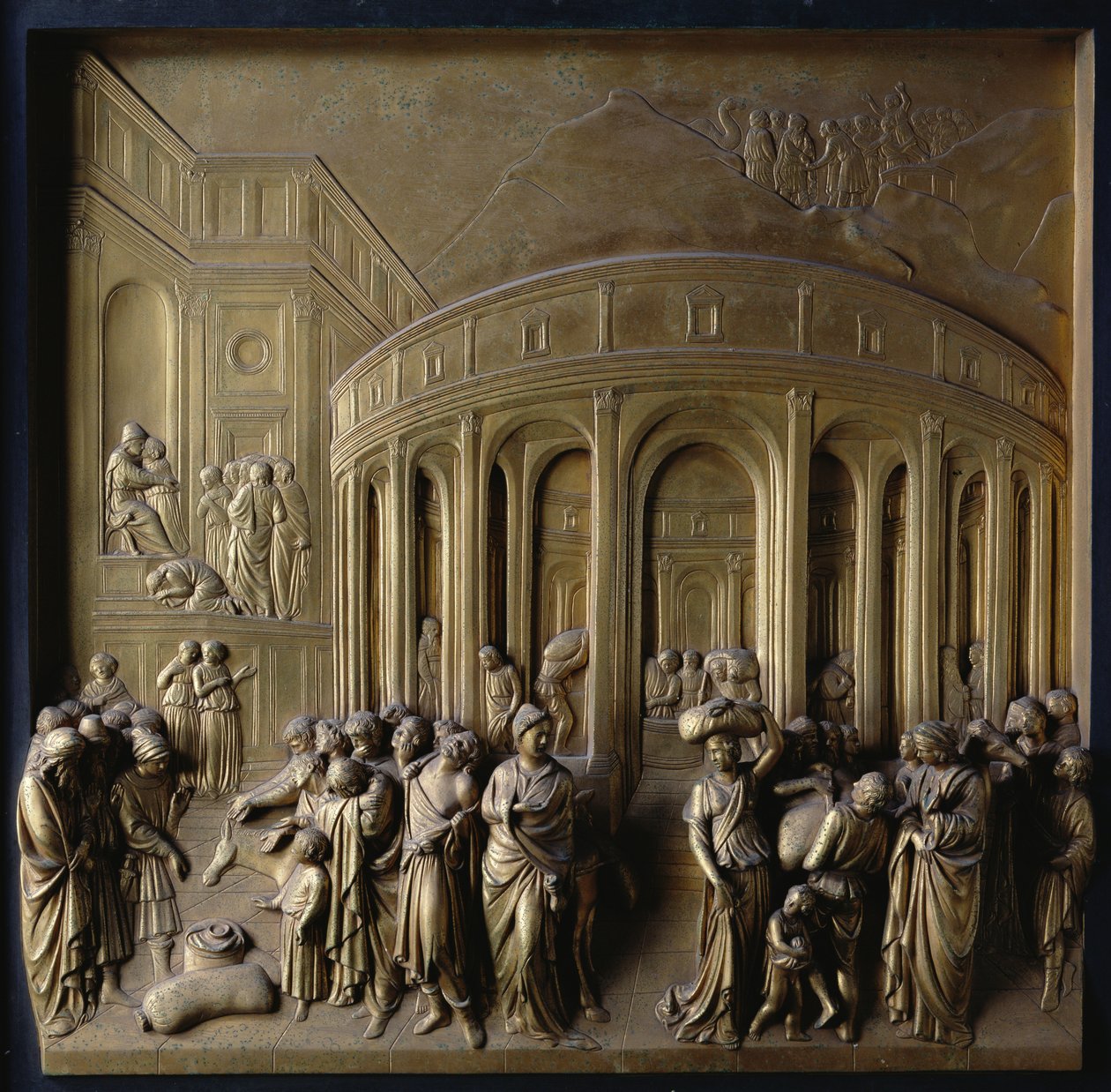 Historien om Josef: Joseph solgt til slaveri, The Finding of the Silver Cup og Joseph anerkjent av sine brødre, en av ti relieffpaneler fra Gates of Paradise av Lorenzo Ghiberti