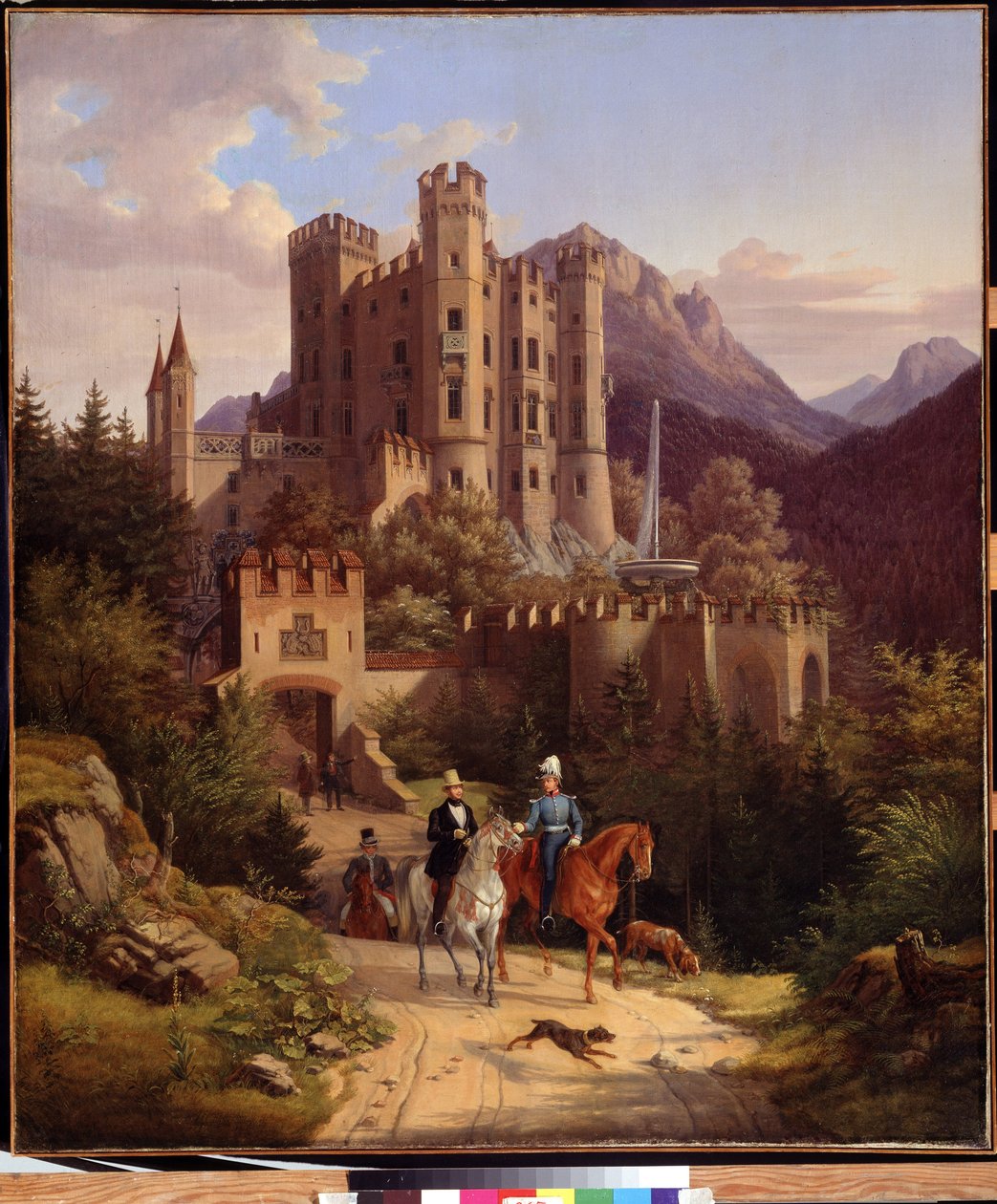 Le prince couronne Maximilien a cheval, Hohenschwangau (Kronprinsen Maximilian rider i Hohenschwangau). Maximilian II av Bayern (1811-1864) foran slottet hans Hohenschwangau i Bayern (Tyskland). Maleri av Lorenzo II Quaglio (1793-1869) av Lorenzo II Quaglio
