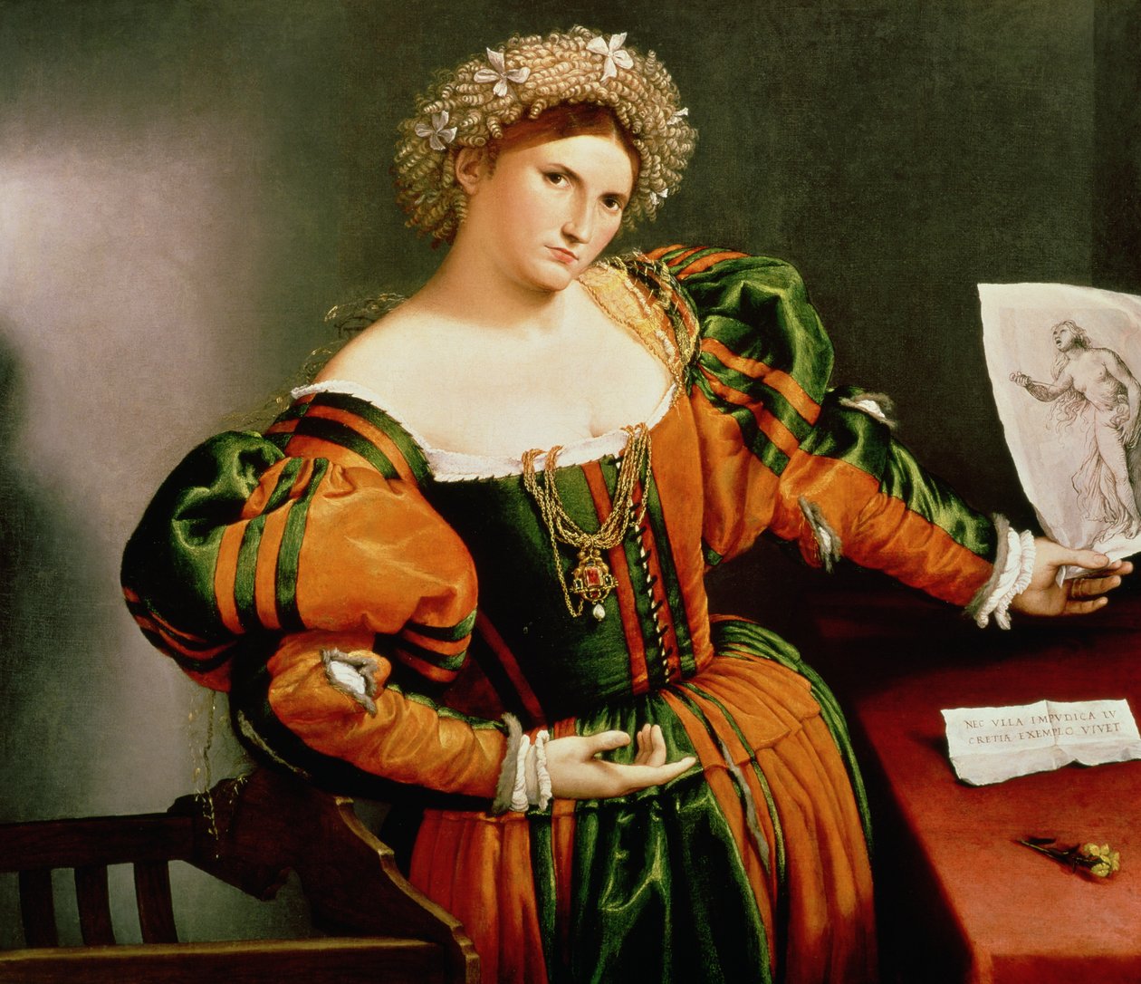 En dame med en tegning av Lucretia, ca. 1530-33 (olje på lerret overført fra tre) av Lorenzo Lotto
