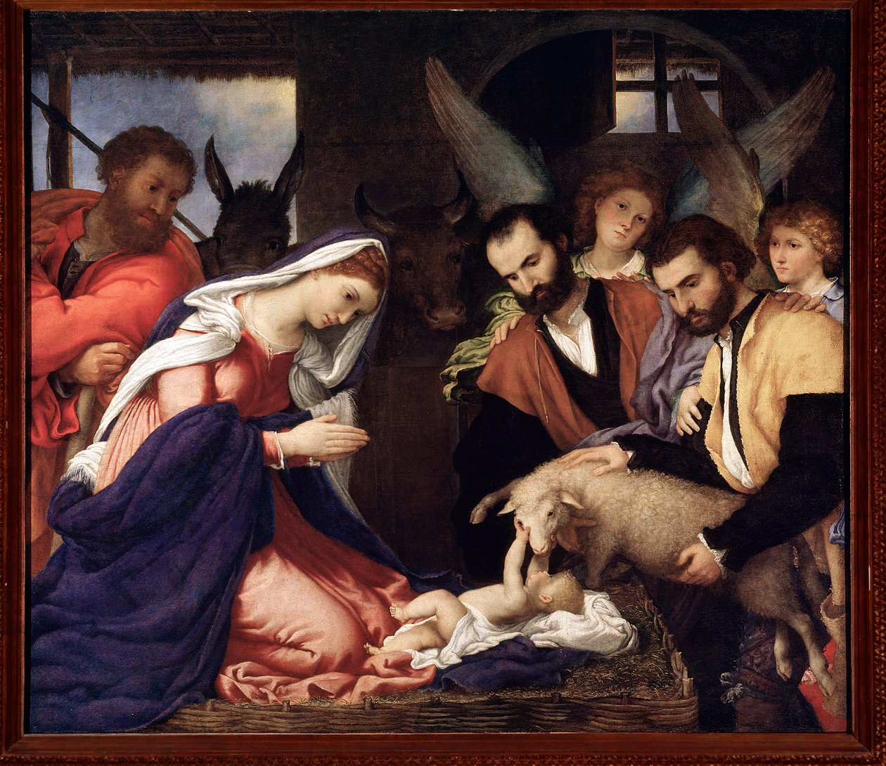 Tilbedelse av hyrdene Jesusbarnet leker med en sau - olje på lerret av Lorenzo Lotto