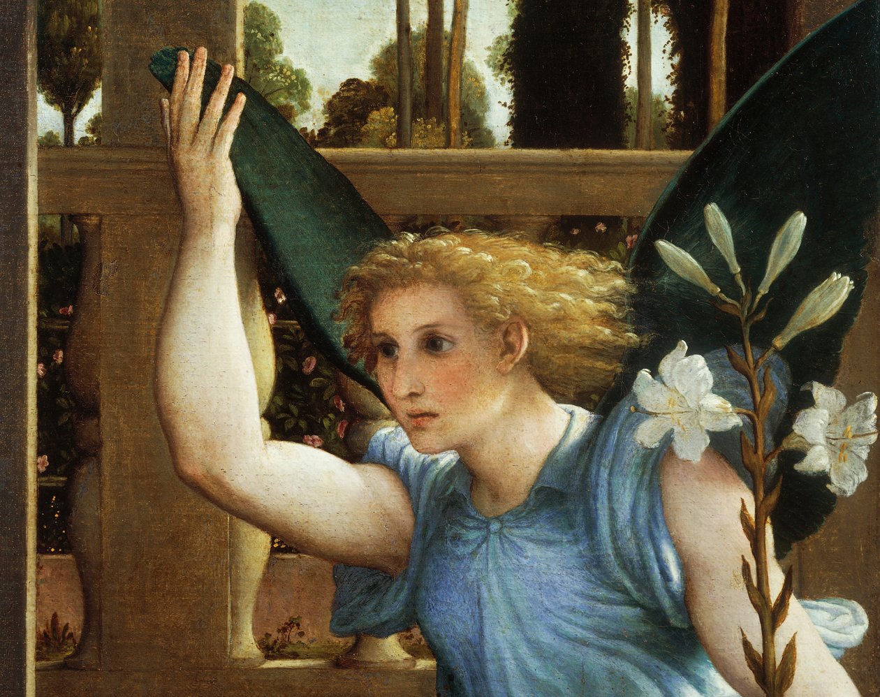 Annonserende engel, detalj fra kunngjøringen, ca 1434, av Lorenzo Lotto (1480-1556), olje på lerret av Lorenzo Lotto