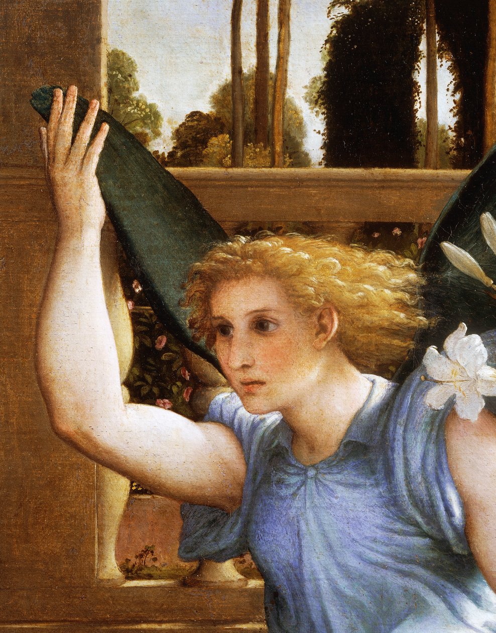 Annonserende engel, detalj fra kunngjøringen, ca 1434, av Lorenzo Lotto (1480-1556), olje på lerret av Lorenzo Lotto