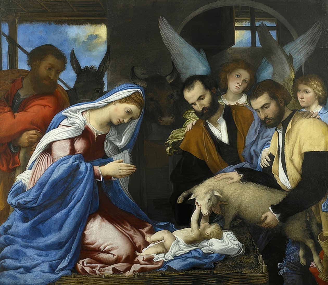 Tilbedelse av Kristusbarnet. Rundt 1534 av Lorenzo Lotto