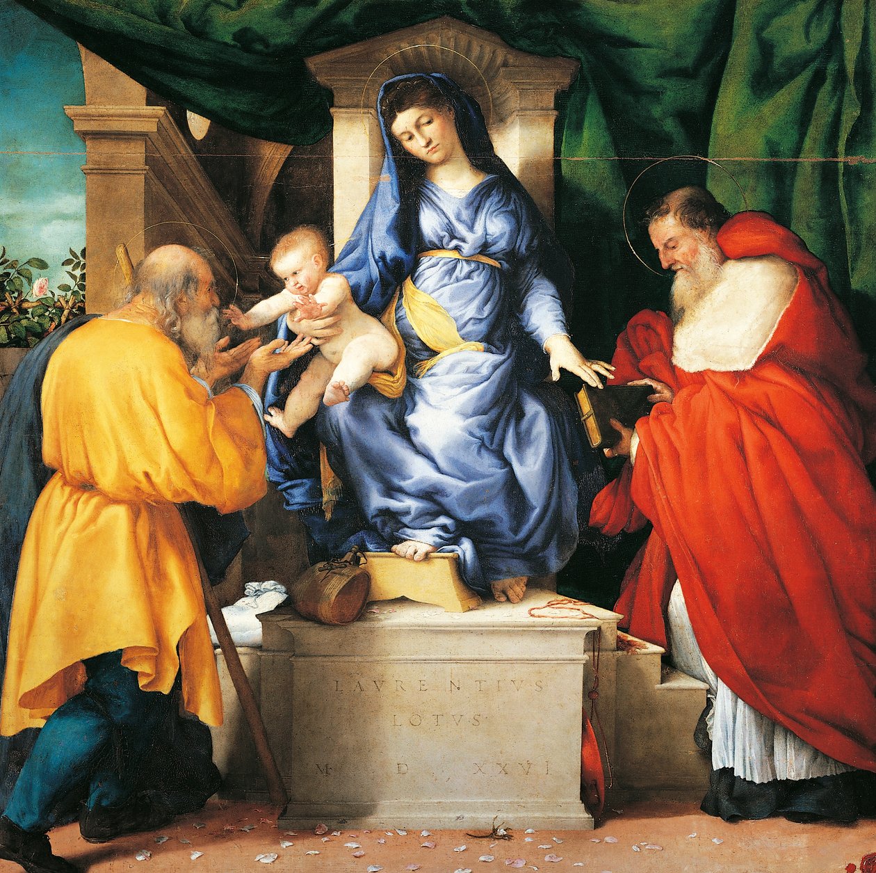 Tronet Madonna og barn med de hellige Giuseppe og Jerome, sentralpanelet til altertavlen til San Francesco al Monte, rundt 1525, av Lorenzo Lotto (1480 ca-1556), olje på lerret av Lorenzo Lotto