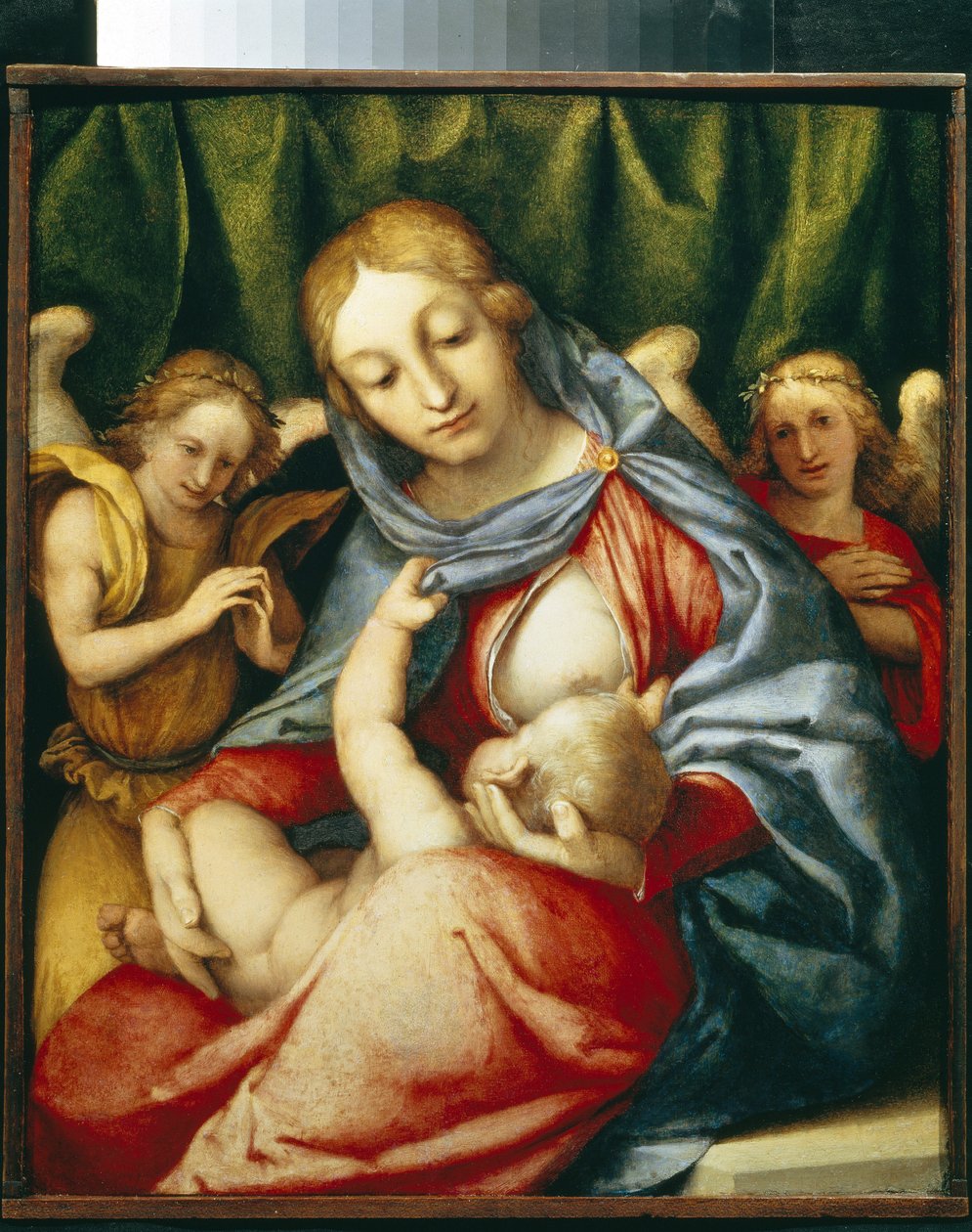 Jomfruen som dier. (Madonna Del latte). Maleri av Lorenzo Lotto (1480-1556), olje på lerret, ca 1520. Italiensk kunst (Venezia) av Lorenzo Lotto